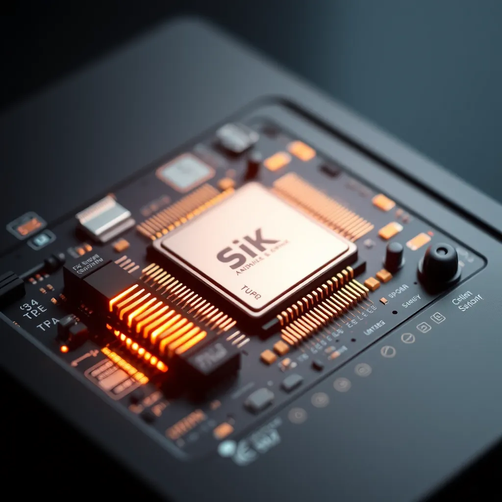 A close-up shot of an Android box with a sleek design, showcasing its powerful processor chip and internal components, highlighting the speed and performance capabilities.