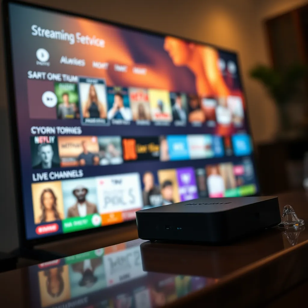 A close-up shot of an Android box connected to a TV, displaying a vibrant streaming service interface with a variety of content options, such as movies, TV shows, and live channels. The TV screen should be reflecting the warm glow of a living room setting.