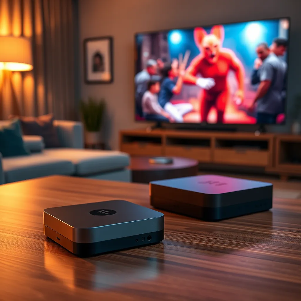 A close-up shot of three different Android boxes on a sleek wooden table with a warm, inviting lighting. Each box is distinct, showcasing its unique features. The background is a blurred image of a living room with a comfortable couch and a large TV screen displaying a vibrant movie scene. The boxes should be positioned in a visually appealing way, emphasizing their modern design and functionality. The image should be hyperrealistic, with intricate details like the texture of the wood and the reflection of light on the glossy surfaces of the boxes. Capture the warmth and inviting ambiance of a cozy home theater setting.  The color palette should be warm and inviting, with natural wood tones, soft lighting, and vibrant accents from the TV screen. The composition should be balanced and visually appealing, showcasing the Android boxes as essential components of a modern entertainment system.
