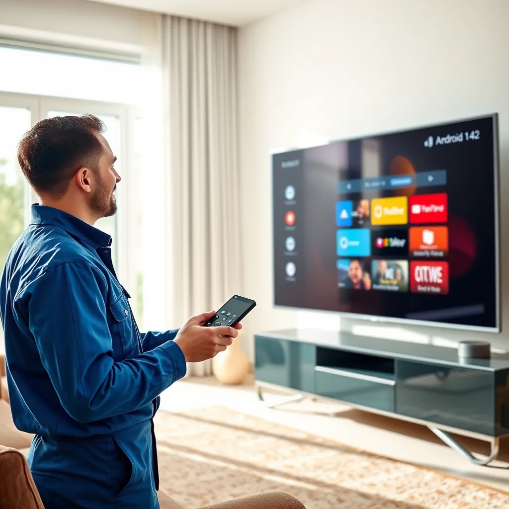 A friendly, approachable technician in a blue uniform is demonstrating how to set up an Android box on a large, modern TV screen. The living room setting is clean and minimalist, with a focus on the technician and the screen. The technician is holding a remote control, explaining the features and functionality of the Android box. The scene is lit with natural light streaming through a large window, creating a bright and welcoming atmosphere.  The composition should focus on the technician and the TV screen, highlighting the interaction between them. Capture a sense of expertise and reassurance, emphasizing the technician's knowledge and ability to guide the user through the setup process.