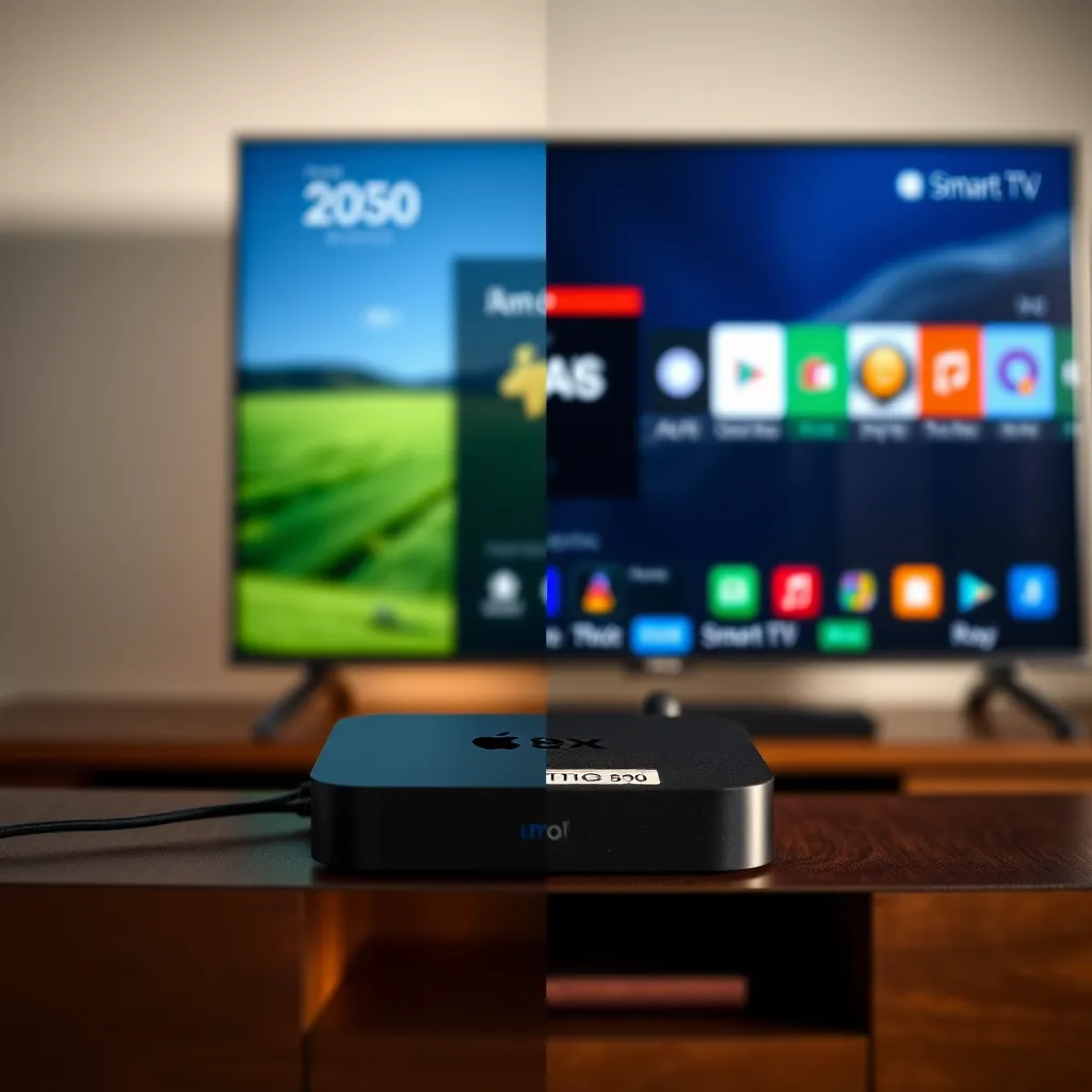 A split-screen image comparing an Android box with a smart TV, both connected to a TV screen. The Android box should be prominently displayed with a price tag, while the smart TV is positioned in the background, highlighting the price difference.
