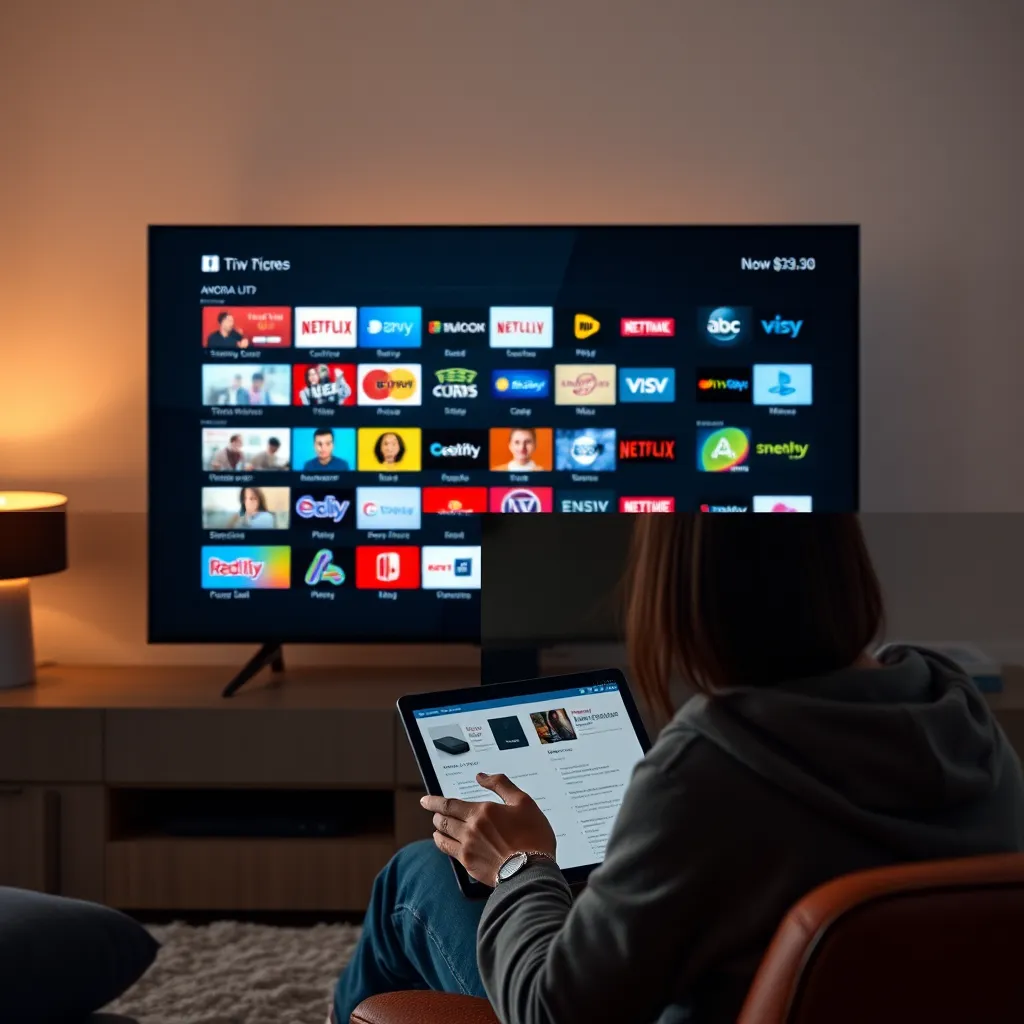 A split-screen image showing a person browsing various streaming services on their TV, contrasted with a person researching and comparing different Android boxes online.