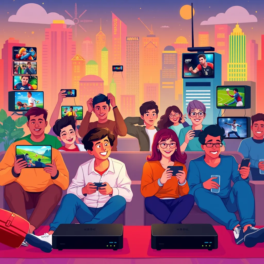 A stylized illustration depicting a diverse group of people enjoying various streaming services on their Android boxes. The scene is vibrant and energetic, showcasing different entertainment options like movies, TV shows, live sports, and video games. Each person is engaging with their content in a unique way, highlighting the personalized and customizable nature of streaming.  The background is a stylized cityscape, representing the vast world of entertainment available through the Android boxes. Use a vibrant color palette to create a playful and dynamic atmosphere, emphasizing the freedom and enjoyment associated with customized streaming packages.  The illustration should be detailed and expressive, capturing the individual experiences and shared enjoyment of streaming.  The composition should be balanced and engaging, showcasing the diversity of streaming content and the user's ability to choose their desired experience.