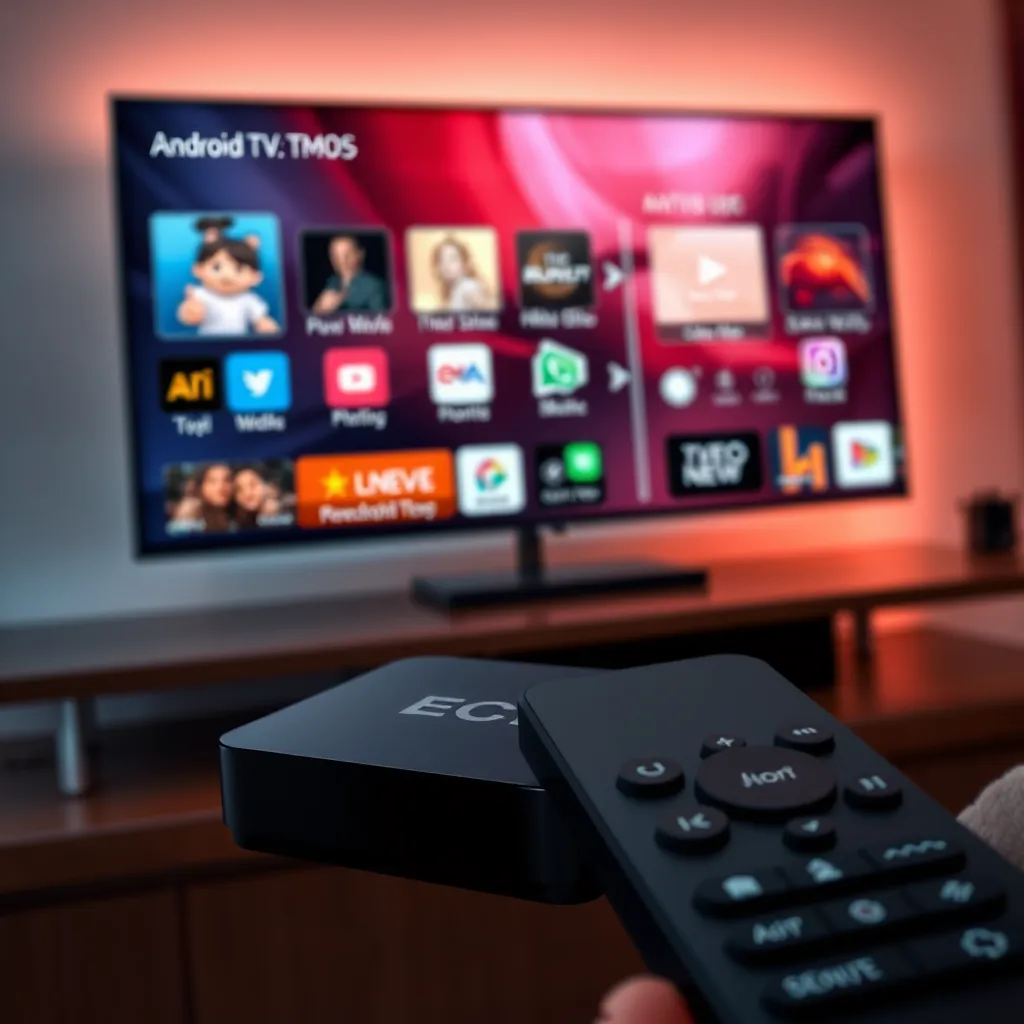 An image depicting an Android box connected to a TV, showcasing multiple applications open simultaneously on the screen. The image should include a close-up of the remote control, emphasizing the ease of navigation and functionality.