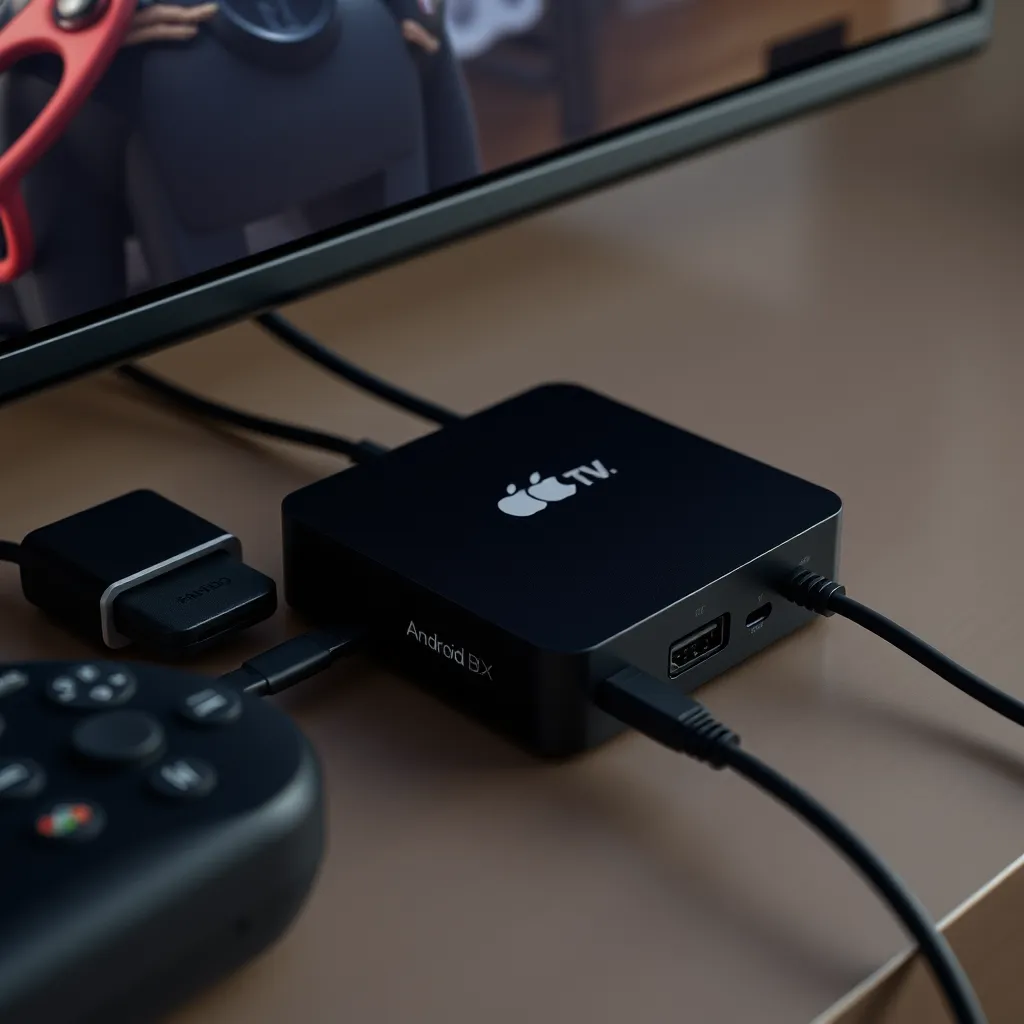 An image of an Android box connected to a TV screen, showing multiple devices plugged into the box, including a gaming console, a USB stick, and an Ethernet cable, emphasizing its connectivity capabilities and streaming features.