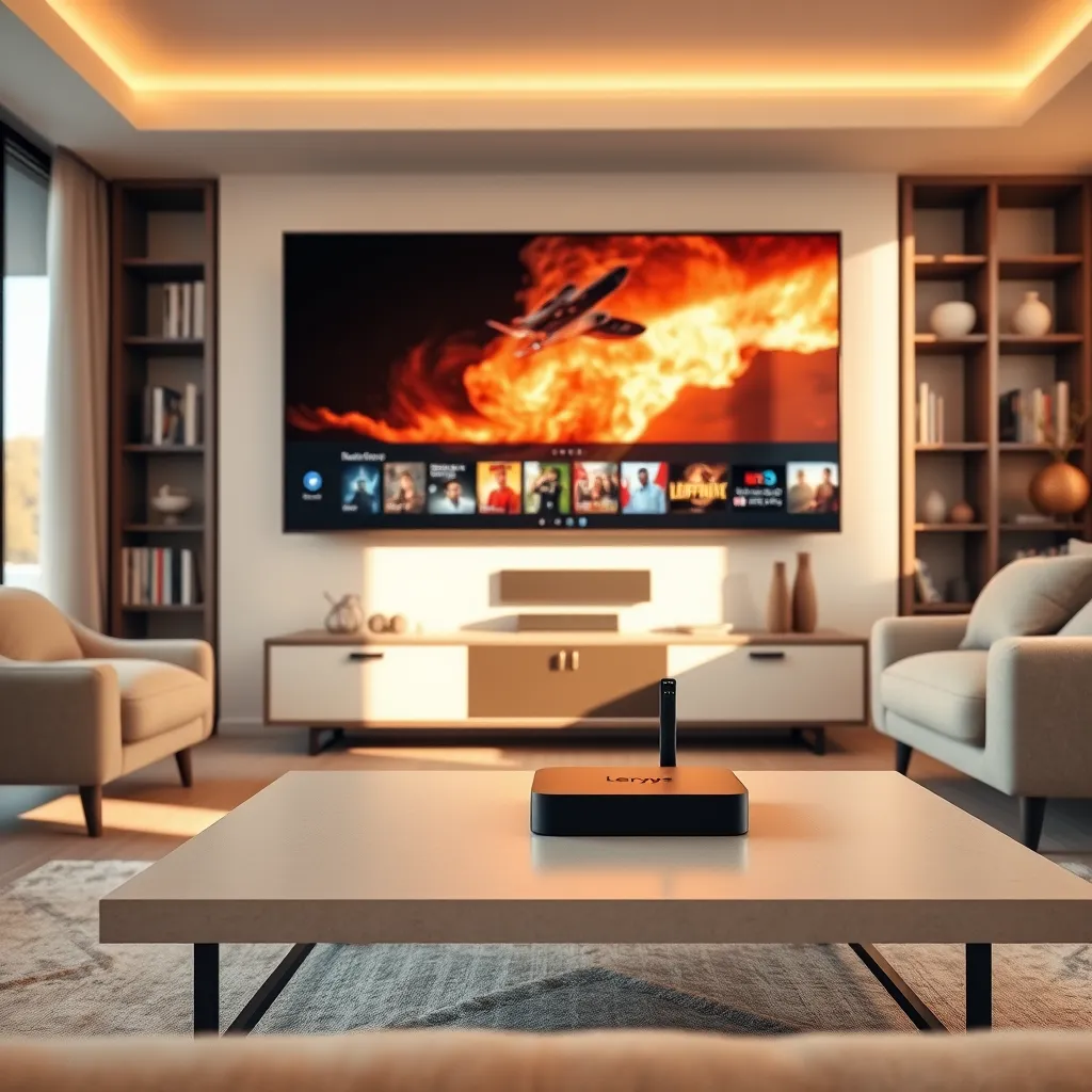 Create a photorealistic, ultra-high quality image for a landing page promoting Android boxes. The image should depict a modern living room with a sleek, minimalist design. In the center, on a coffee table, is a Leroy's Android Box connected to a large, flat-screen TV displaying a vibrant, dynamic scene from a popular streaming service. The room is bathed in warm, natural light, creating a cozy and inviting atmosphere. The image should be shot from a low angle, emphasizing the sleek design of the Android box and the immersive experience it provides. The background should subtly feature other home entertainment elements, such as a bookshelf with a collection of movies and games, and a comfortable couch with throw pillows. The color palette should be soft and muted, with warm tones of beige, grey, and brown, evoking a sense of sophistication and relaxation. The overall image should be 8K resolution, hyperrealistic, and capture the excitement and potential of streaming entertainment with Leroy's Android Boxes., ultra high resolution, photorealistic, 8K, hyperdetailed, cinematic lighting